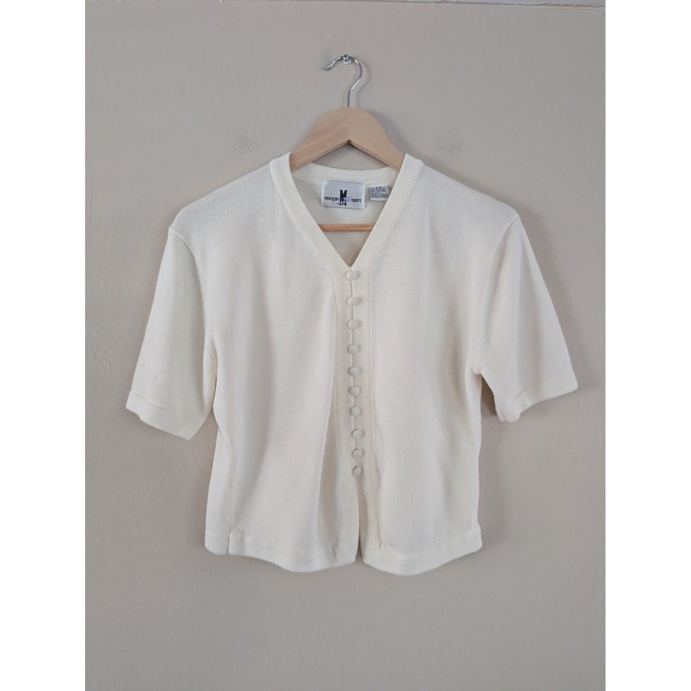 Vintage Womens Cream Short Sleeve Button Cardigan S Coastal Preppy Soft Academia